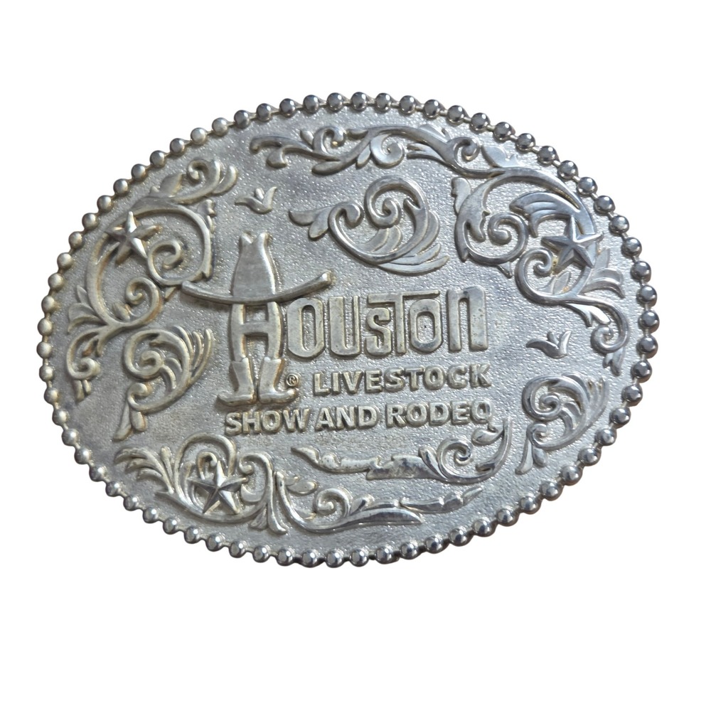 Houston Livestock Show and Rodeo Belt Buckle Oval Scroll Silver Tone Western